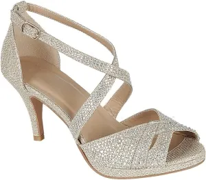 ABSOLEX Women's Cross strappy Open Toe Glitter Rhinestone Dressy/Party/Wedding Mid Pump Heel Sandal,