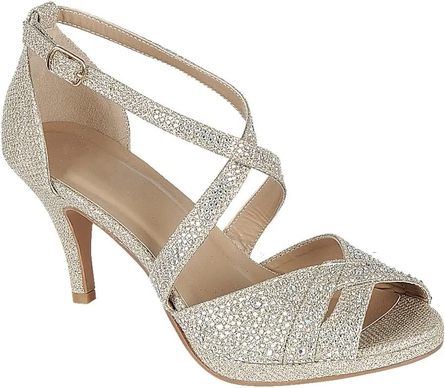 ABSOLEX Women's Cross strappy Open Toe Glitter Rhinestone Dressy/Party/Wedding Mid Pump Heel Sandal,