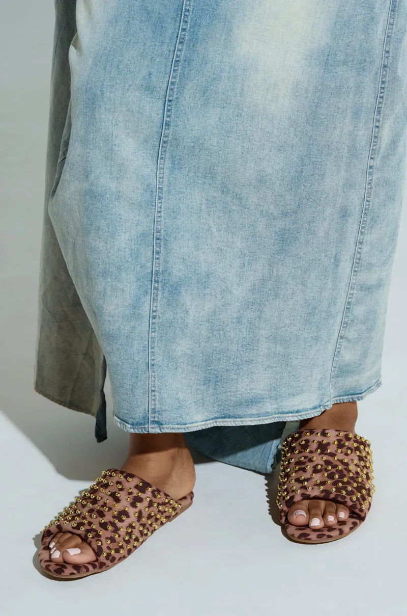 AKIRA BAGGER STUDDED SLIP ON SANDAL IN LEOPARD