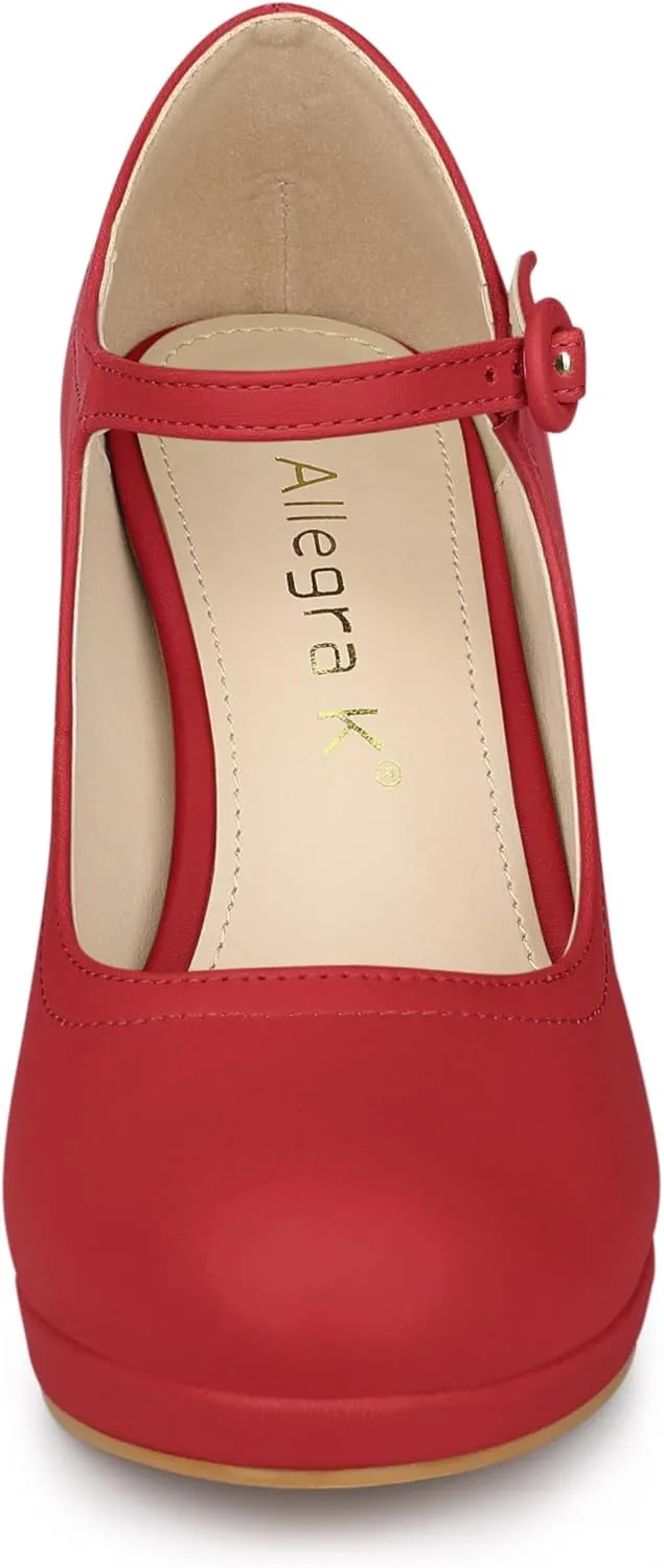 Allegra K Women's Platform Round Toe Ankle Strap Mary Jane Shoes Pump Stiletto Heel Pumps