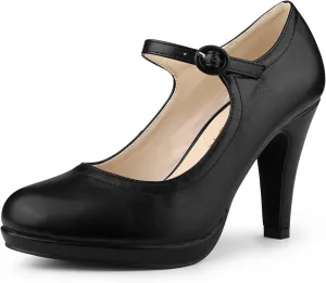 Allegra K Women's Platform Round Toe Ankle Strap Mary Jane Shoes Pump Stiletto Heel Pumps