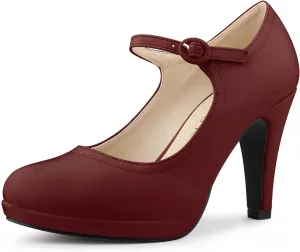 Allegra K Women's Platform Round Toe Ankle Strap Mary Jane Shoes Pump Stiletto Heel Pumps