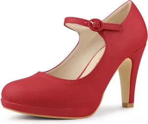 Allegra K Women's Platform Round Toe Ankle Strap Mary Jane Shoes Pump Stiletto Heel Pumps