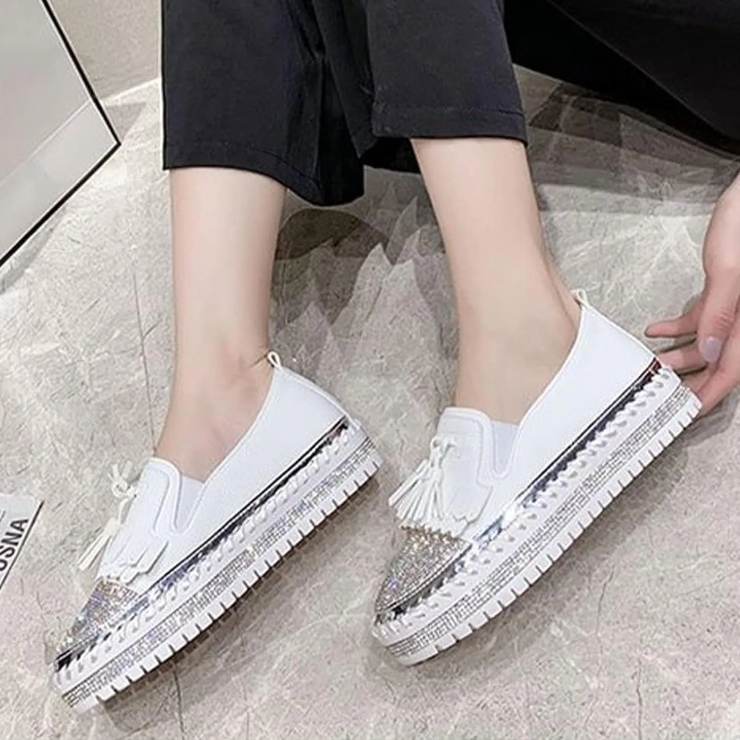 AngryMonkey Women's Platform Rhinestones Glitter Sneakers,Fashion Tassel Colorblock Comfort Hand-Stitching Slip on Casual Loafers