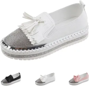 AngryMonkey Women's Platform Rhinestones Glitter Sneakers,Fashion Tassel Colorblock Comfort Hand-Stitching Slip on Casual Loafers