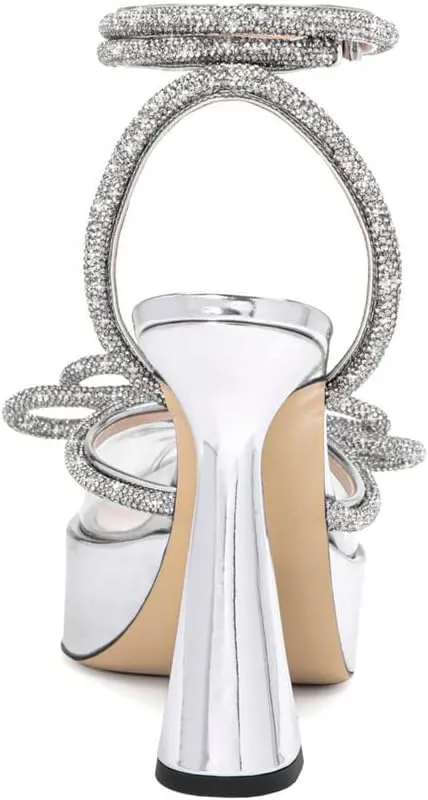 Arqa Women's Rhinestone Bow Platforms,Diamond Ankle Strap Pumps Chunky Heel Wedding Slingback Pump