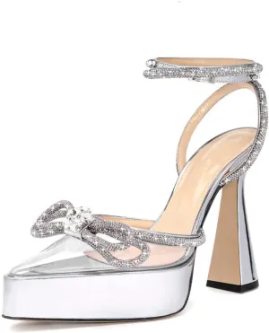 Arqa Women's Rhinestone Bow Platforms,Diamond Ankle Strap Pumps Chunky Heel Wedding Slingback Pump