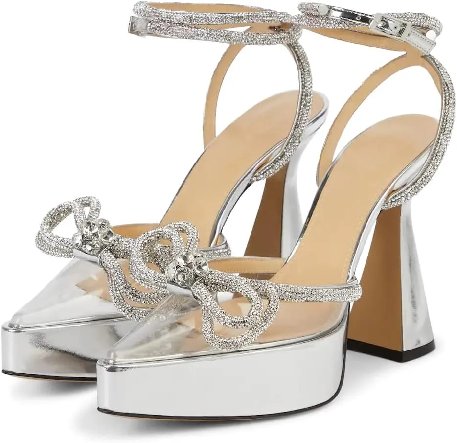 Arqa Women's Rhinestone Bow Platforms,Diamond Ankle Strap Pumps Chunky Heel Wedding Slingback Pump