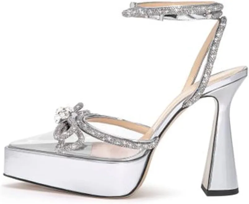 Arqa Women's Rhinestone Bow Platforms,Diamond Ankle Strap Pumps Chunky Heel Wedding Slingback Pump