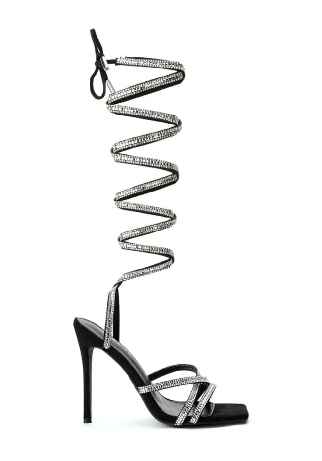 AZALEA WANG MOONLIGHT LACE UP THIGH HIGH BLING SANDAL IN BLACK NWT