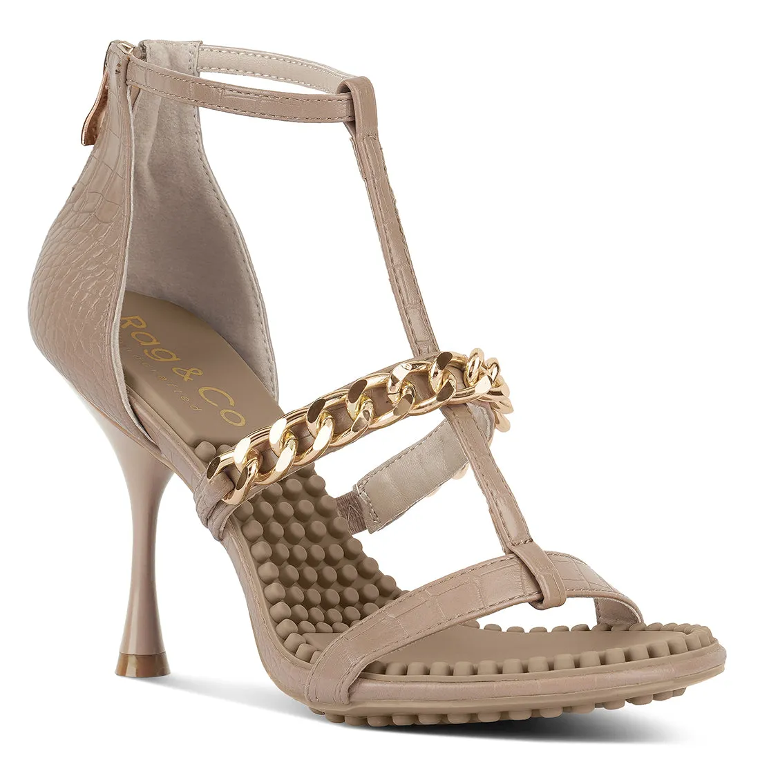 Beige Metal Chain Mid Heel Sandals