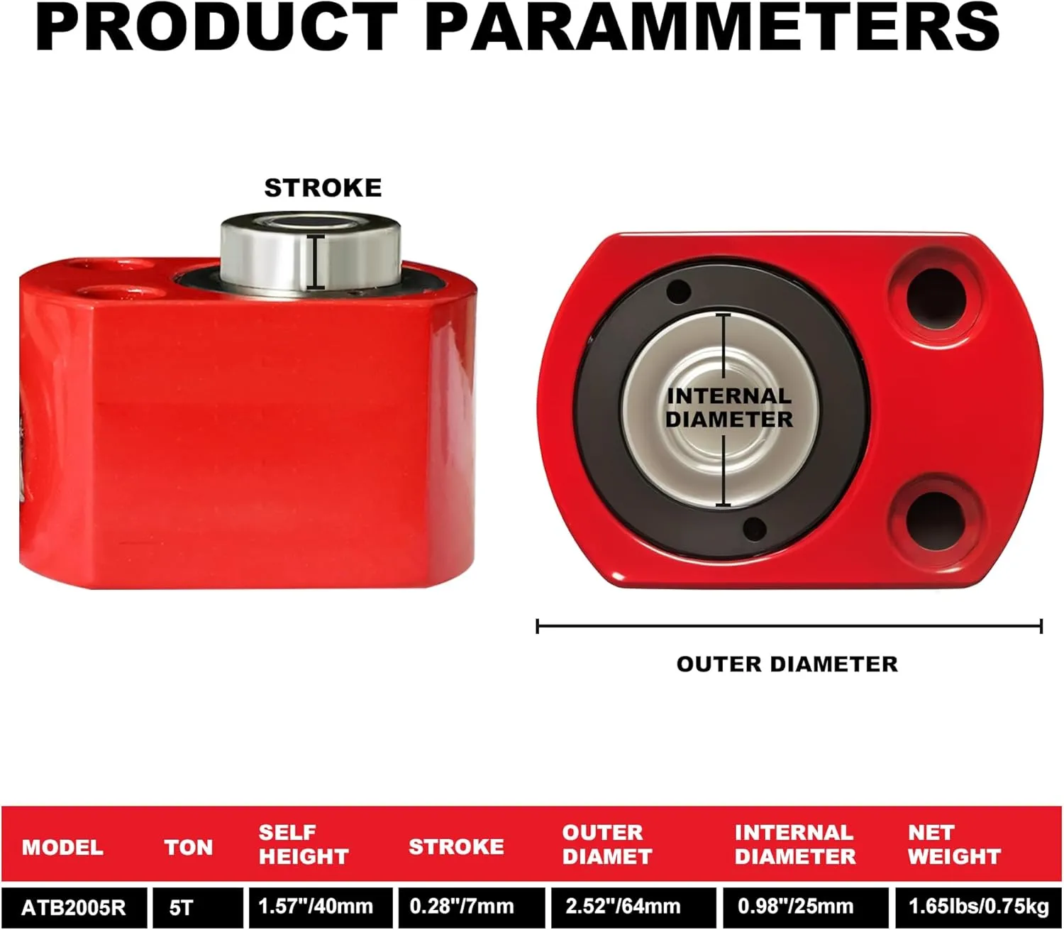 BIG RED ATRB2005R Torin Power Hydraulic Ram Cylinder Jack: Single-Acting Mini Jack, 0.28" Stroke for Shipbuilding, Bridge, Construction, Precision Machinery, Small Spaces - 5 Ton (10,000 lb) Capacity