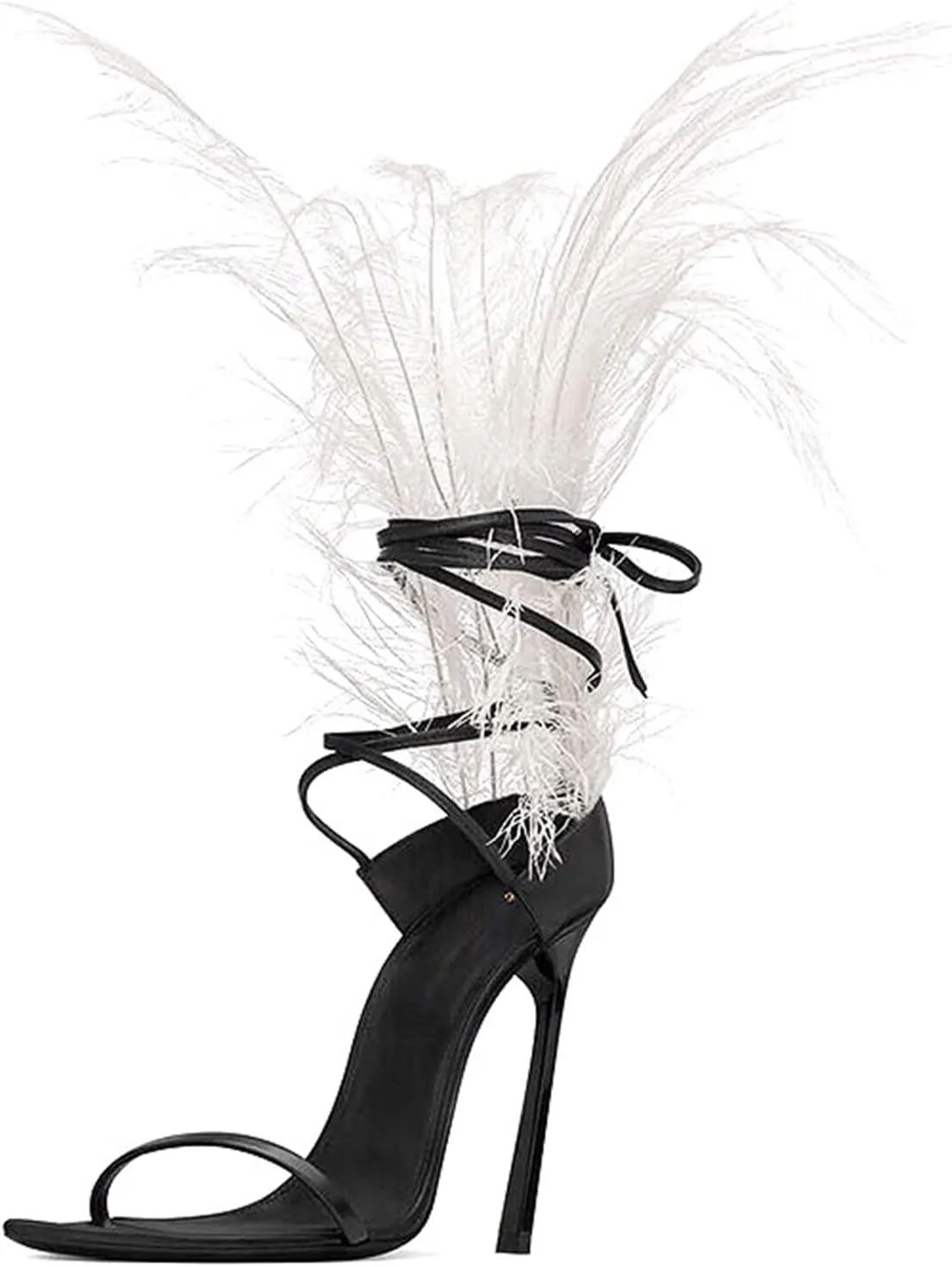 Black Feather Sandals for Women Ostrich Hair Decor Thin High Heels Dance Shoes Ladies Fur Sandals T Show Party Shoes
