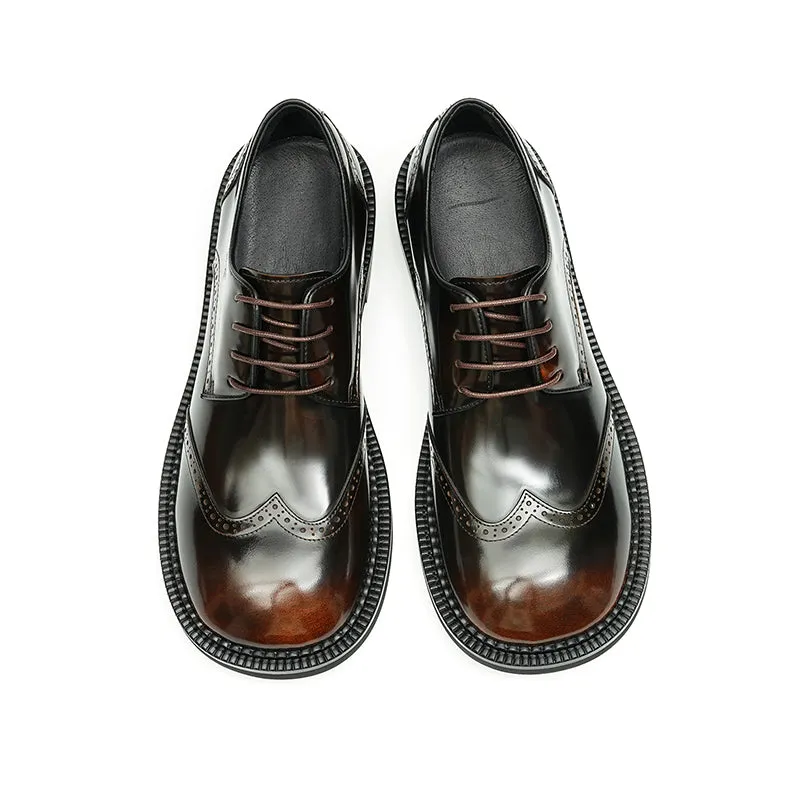 Calfskin Derby Shoes for Men Glossy Brogue Round Toe