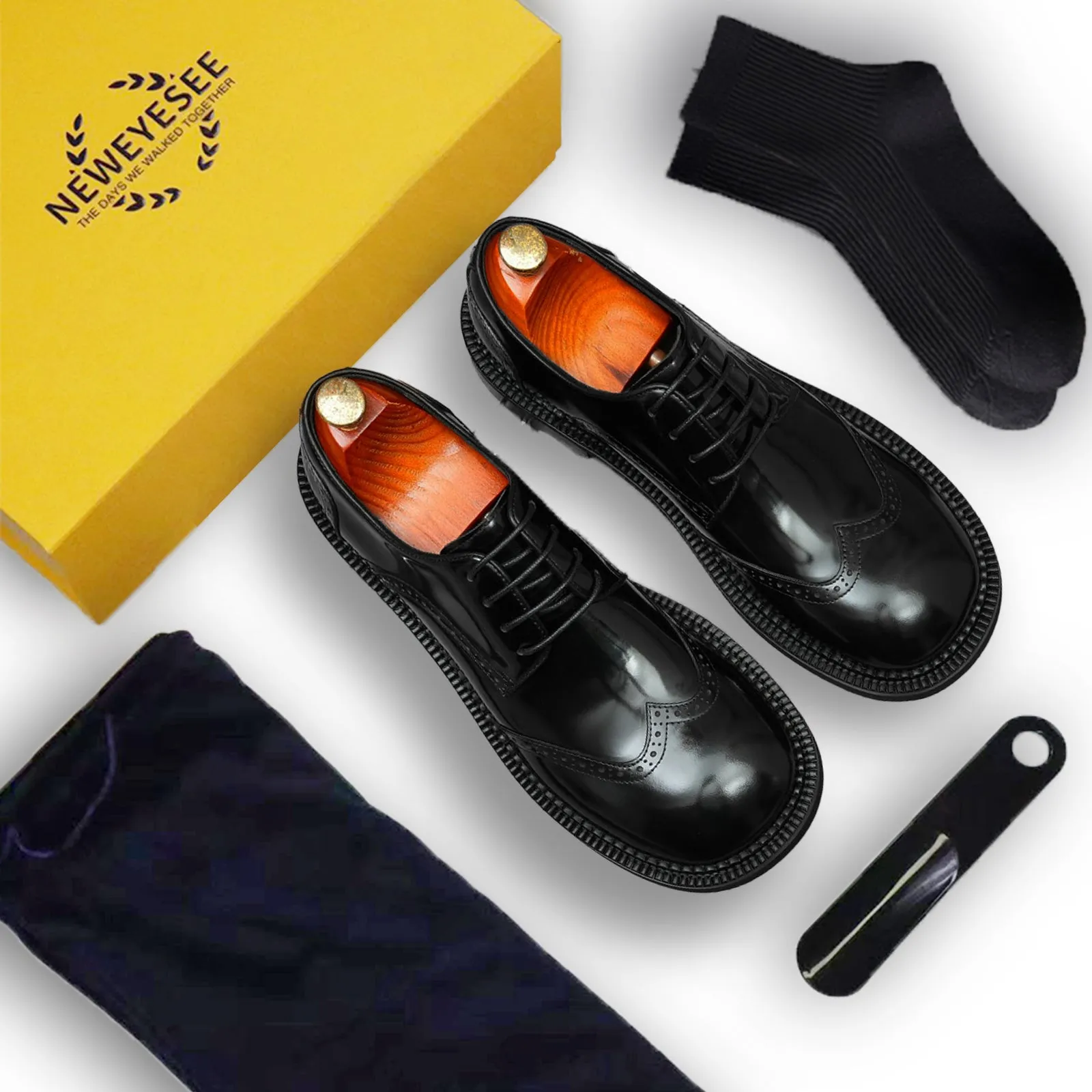 Calfskin Derby Shoes for Men Glossy Brogue Round Toe