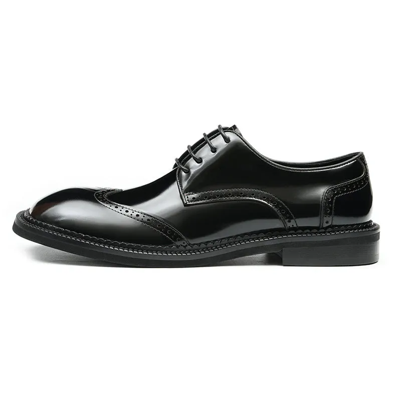 Calfskin Derby Shoes for Men Glossy Brogue Round Toe