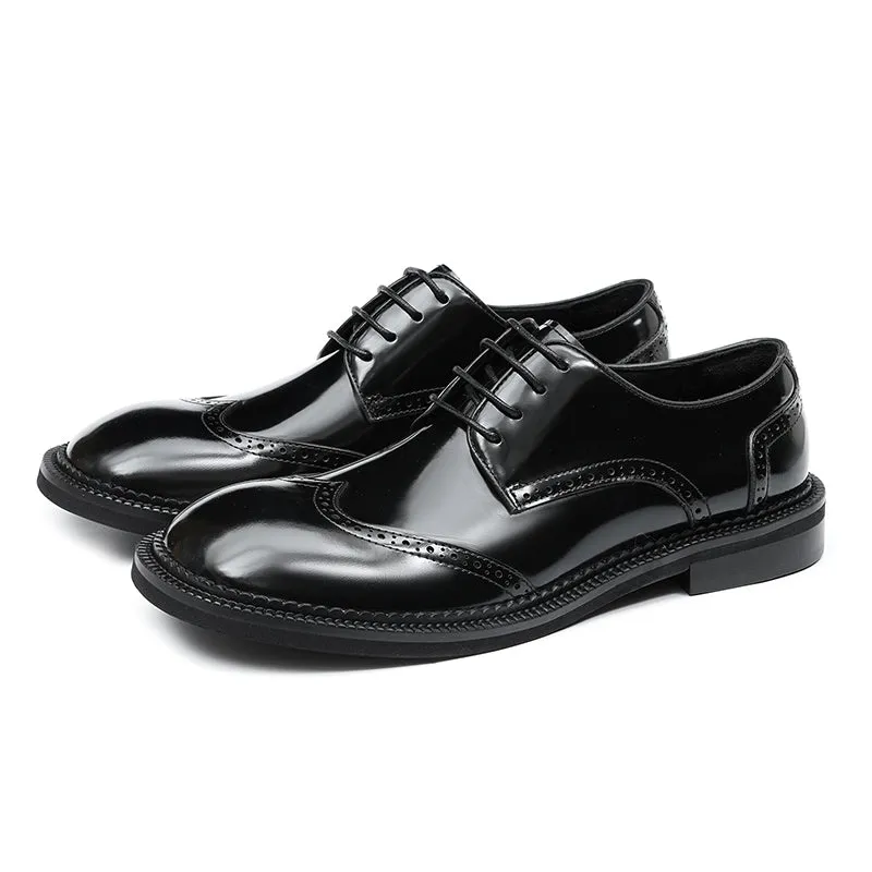 Calfskin Derby Shoes for Men Glossy Brogue Round Toe