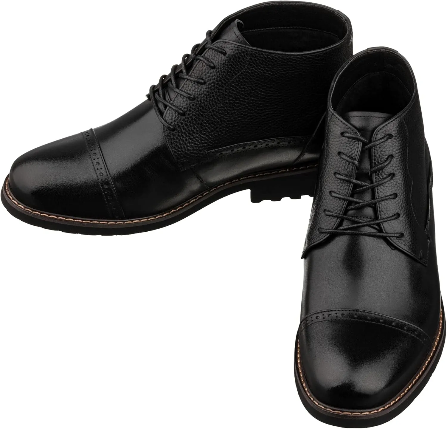 CALTO Men's Invisible Height Increasing Elevator Shoes - Black Leather Lace-up Cap-toe Boots with Inner Faux Fur - 3.2 Inches Taller - Y41083 - Size 7.5 D(M) US