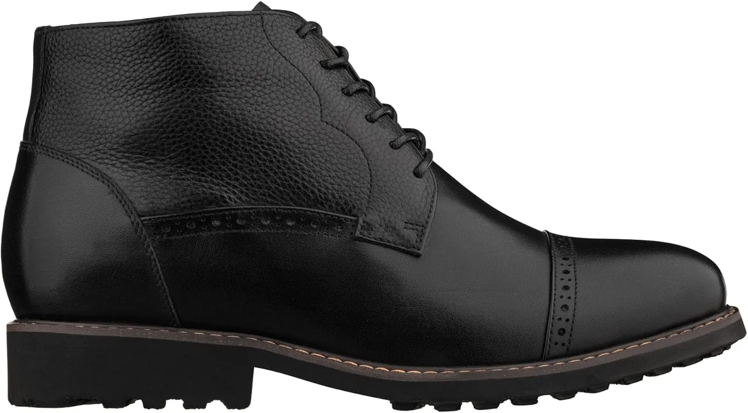 CALTO Men's Invisible Height Increasing Elevator Shoes - Black Leather Lace-up Cap-toe Boots with Inner Faux Fur - 3.2 Inches Taller - Y41083 - Size 7.5 D(M) US
