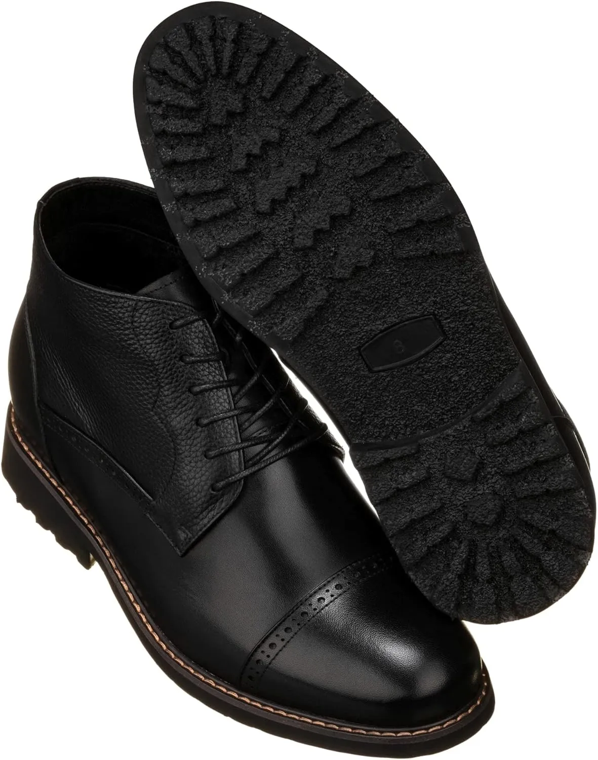 CALTO Men's Invisible Height Increasing Elevator Shoes - Black Leather Lace-up Cap-toe Boots with Inner Faux Fur - 3.2 Inches Taller - Y41083 - Size 7.5 D(M) US