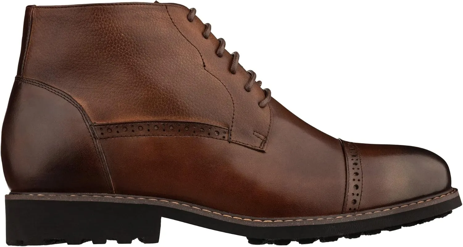 CALTO Men's Invisible Height Increasing Elevator Shoes - Coffee Brown Leather Lace-up Cap-Toe Boots with Inner Faux Fur - 3.2 Inches Taller - Y41084 - Size 9 D(M) US