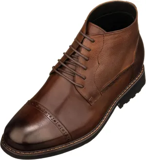 CALTO Men's Invisible Height Increasing Elevator Shoes - Coffee Brown Leather Lace-up Cap-Toe Boots with Inner Faux Fur - 3.2 Inches Taller - Y41084 - Size 9 D(M) US