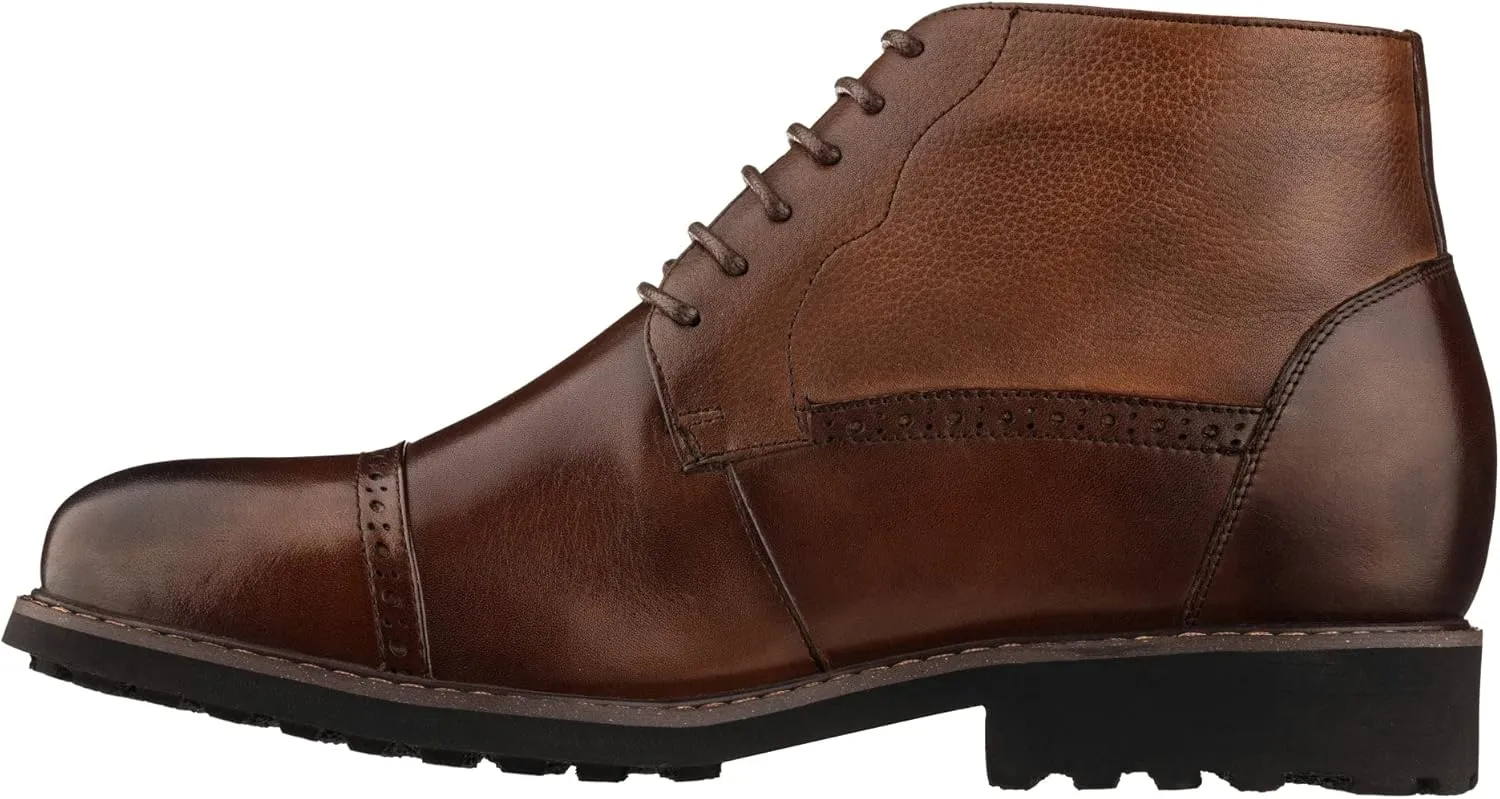 CALTO Men's Invisible Height Increasing Elevator Shoes - Coffee Brown Leather Lace-up Cap-Toe Boots with Inner Faux Fur - 3.2 Inches Taller - Y41084 - Size 9 D(M) US