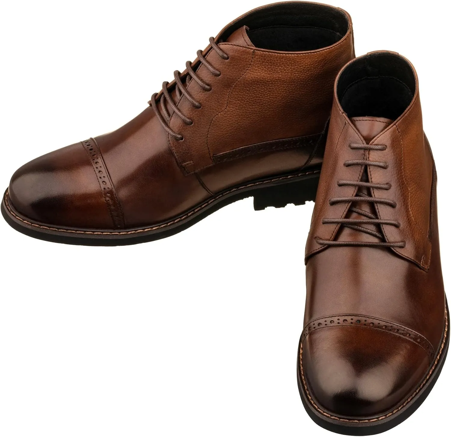 CALTO Men's Invisible Height Increasing Elevator Shoes - Coffee Brown Leather Lace-up Cap-Toe Boots with Inner Faux Fur - 3.2 Inches Taller - Y41084 - Size 9 D(M) US
