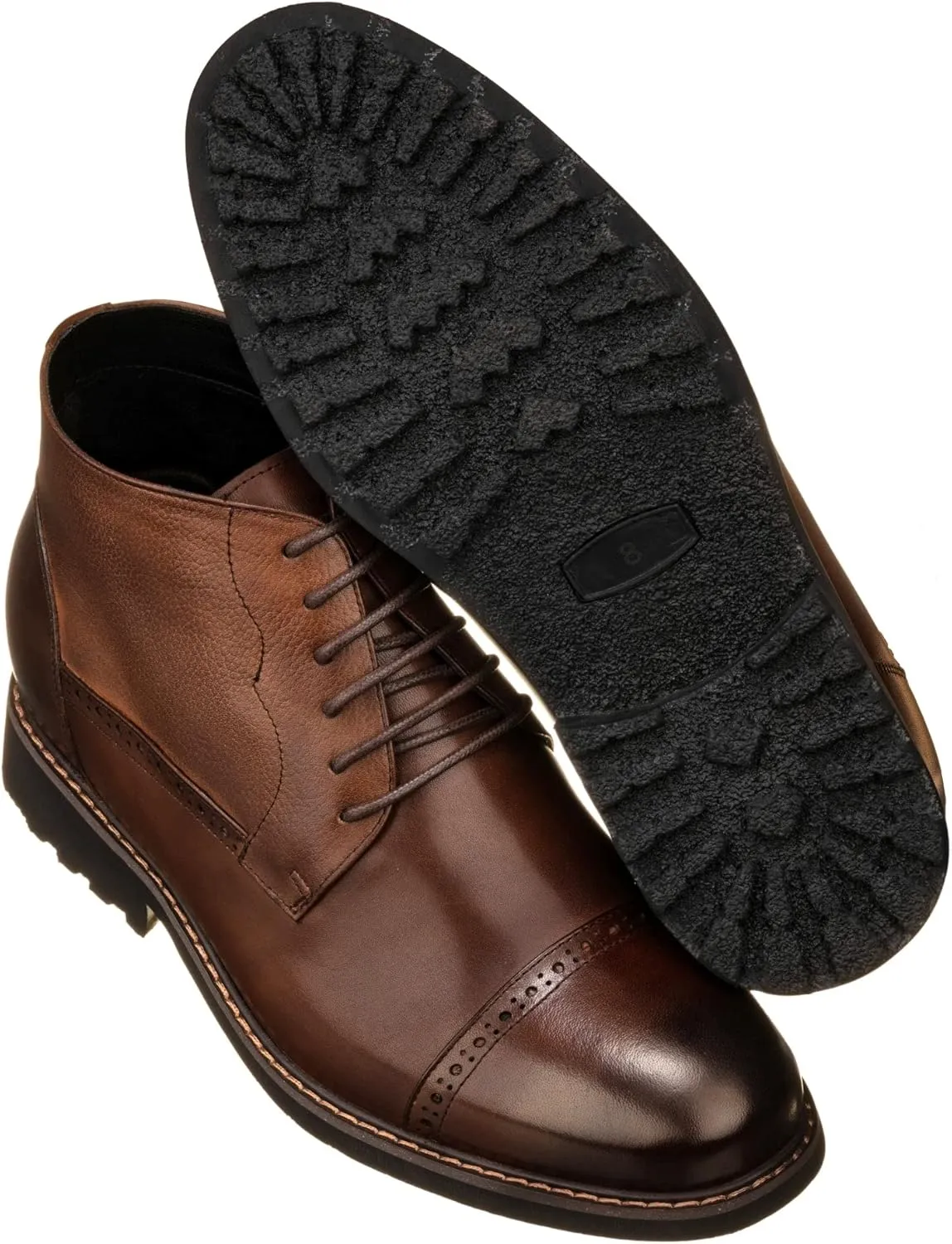 CALTO Men's Invisible Height Increasing Elevator Shoes - Coffee Brown Leather Lace-up Cap-Toe Boots with Inner Faux Fur - 3.2 Inches Taller - Y41084 - Size 9 D(M) US
