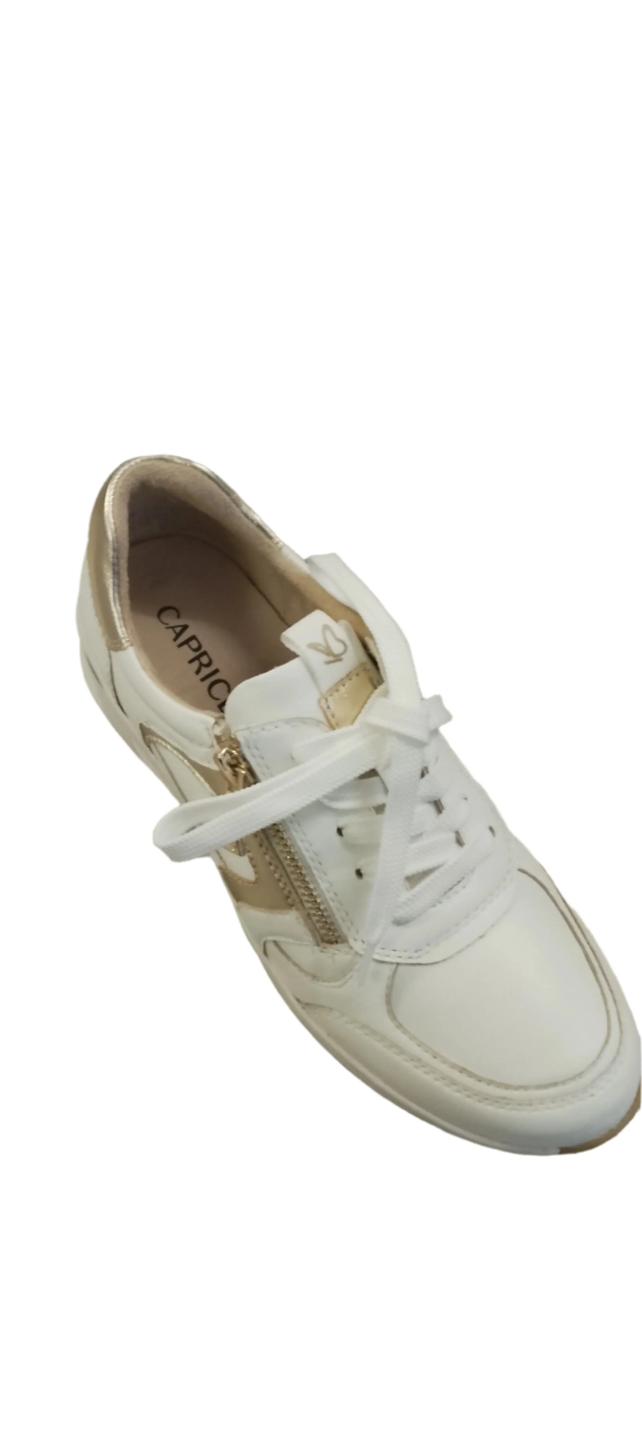 Caprice White Leather Wedge Trainer with Gold Trim