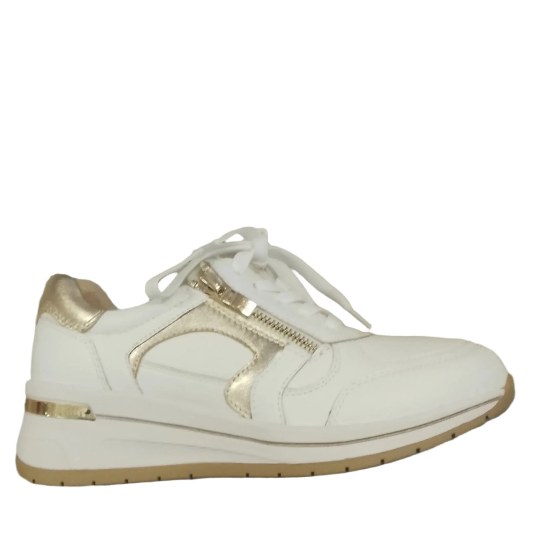Caprice White Leather Wedge Trainer with Gold Trim