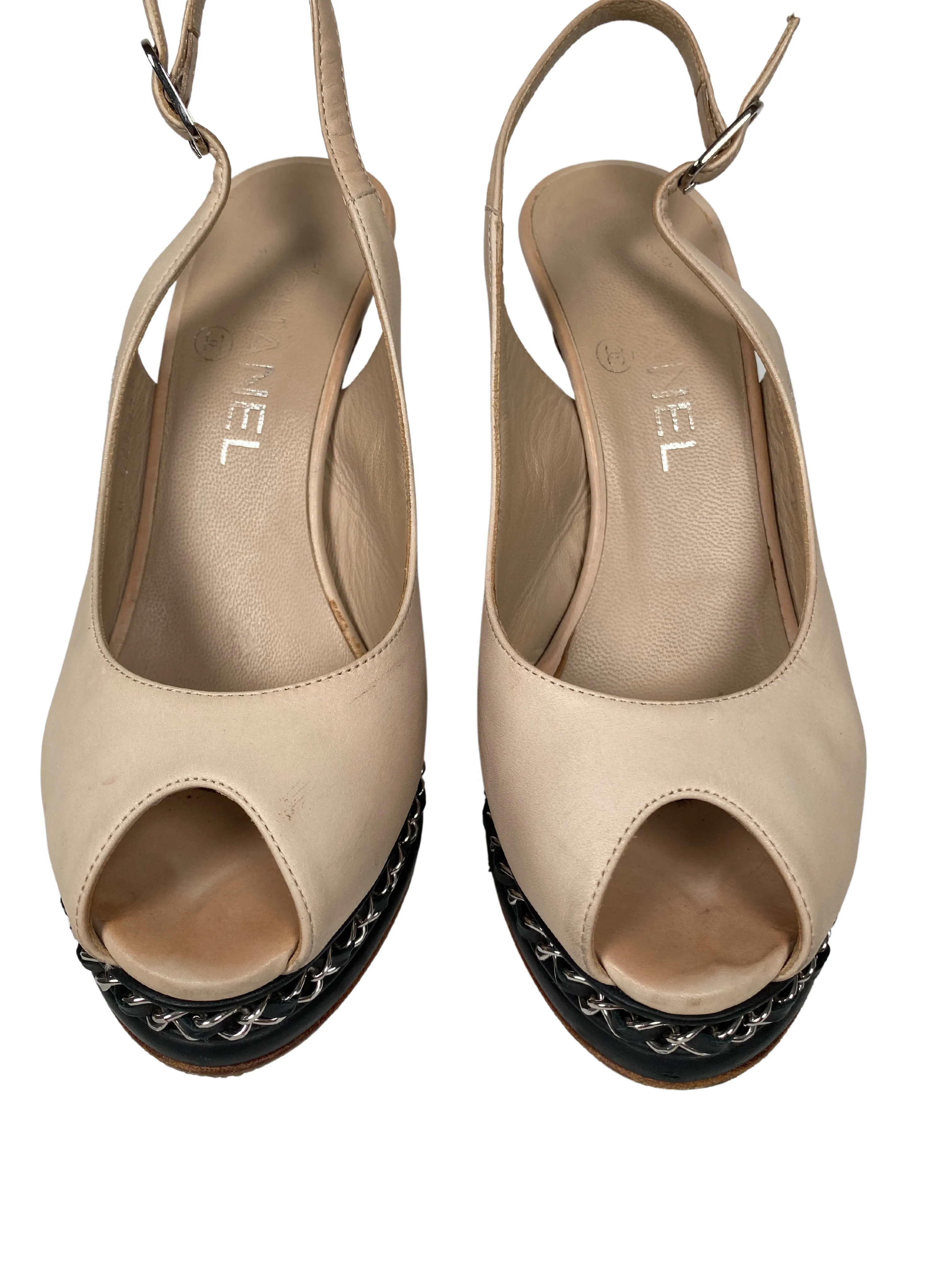 CHANEL - BEIGE LEATHER CHAIN PLATFORM SLINGBACK PUMPS - SZ 36C