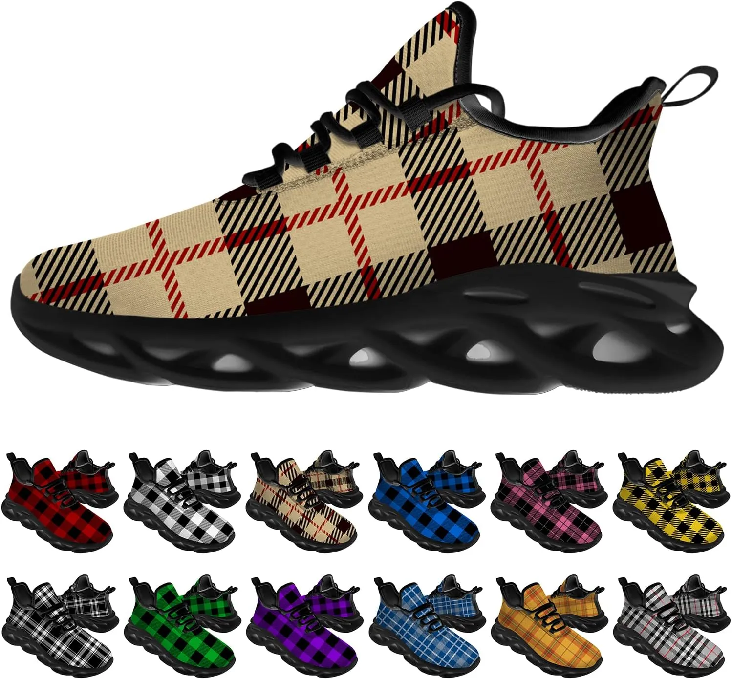 Ciadoon Plaid Shoes for Men Women Road Running Shoes Sport Walking Tennis Sneakers Athletic Shoes Gifts for Boy Girl