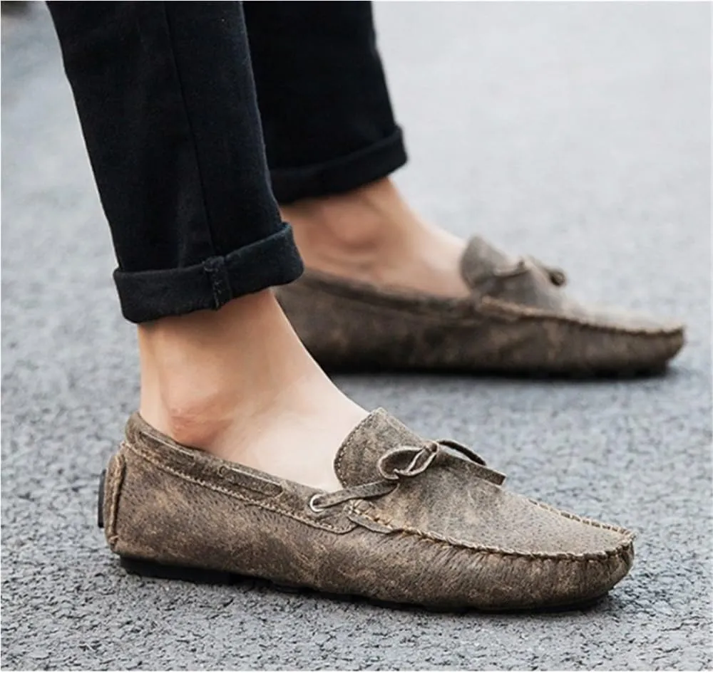 Classic Slip On Men's Loafers Shoes Genuine Leather Deck Shoes Round Toe Flexible Anti-Slip Resistant Prom