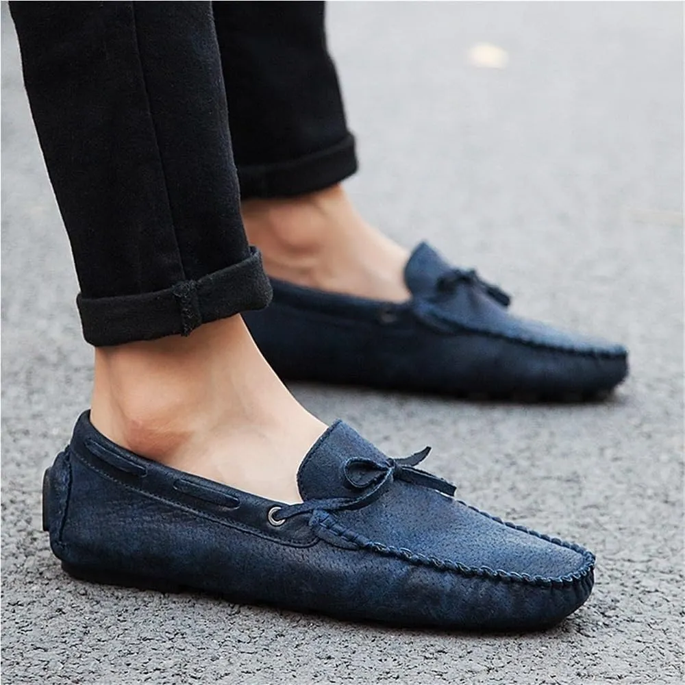 Classic Slip On Men's Loafers Shoes Genuine Leather Deck Shoes Round Toe Flexible Anti-Slip Resistant Prom