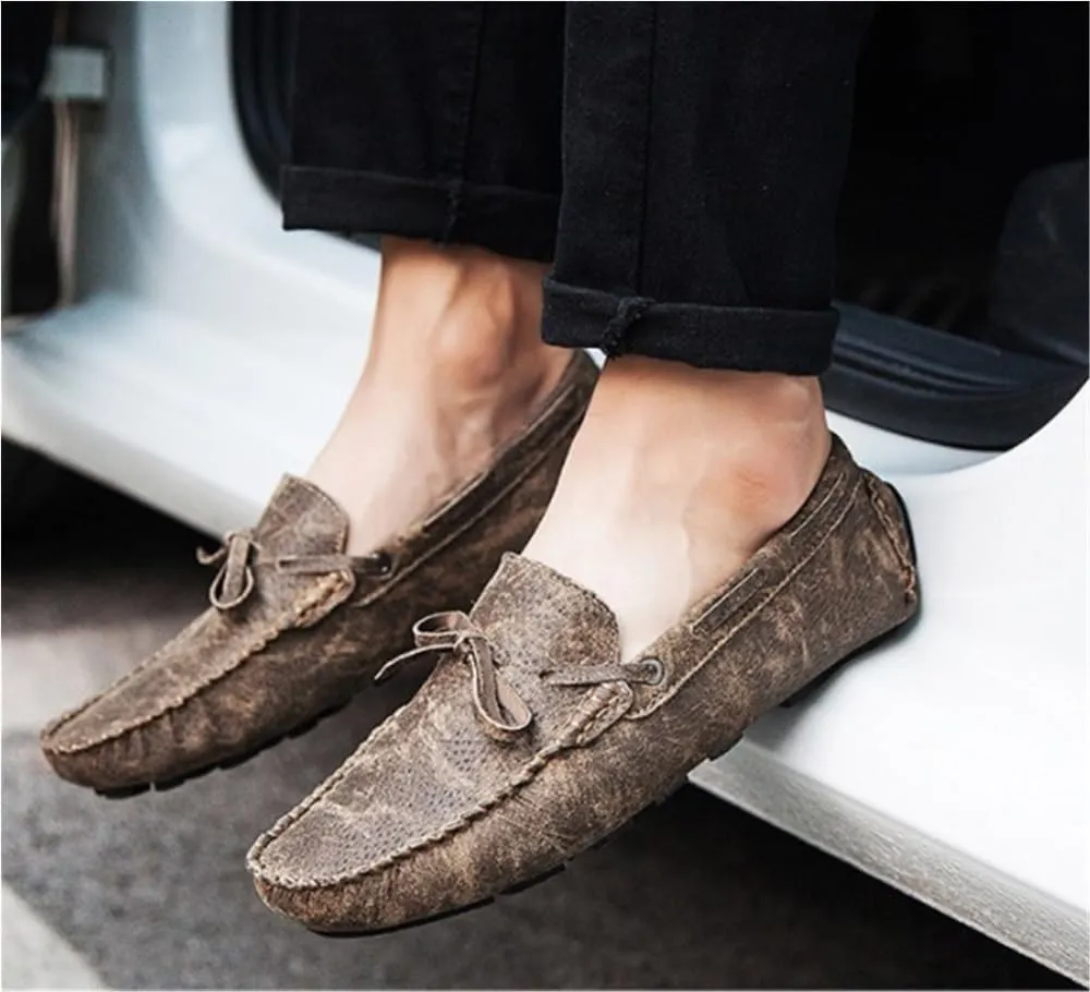 Classic Slip On Men's Loafers Shoes Genuine Leather Deck Shoes Round Toe Flexible Anti-Slip Resistant Prom