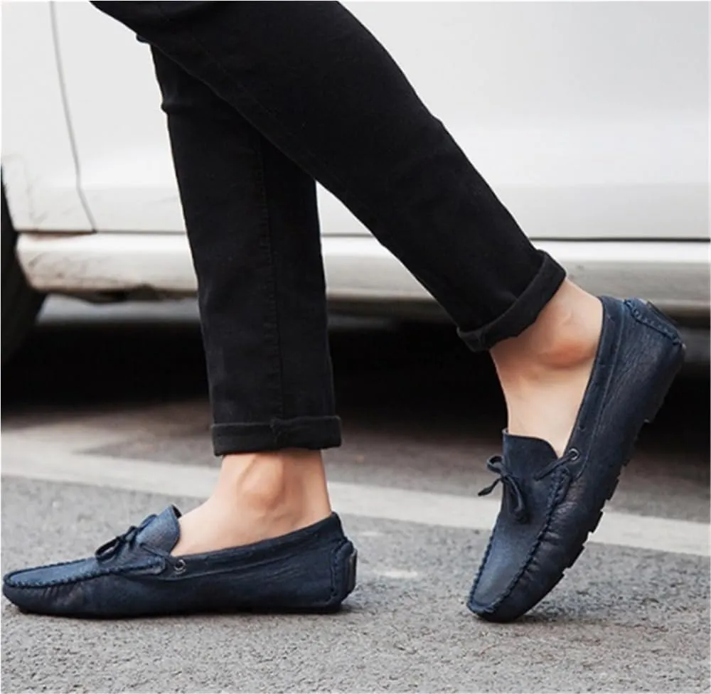 Classic Slip On Men's Loafers Shoes Genuine Leather Deck Shoes Round Toe Flexible Anti-Slip Resistant Prom