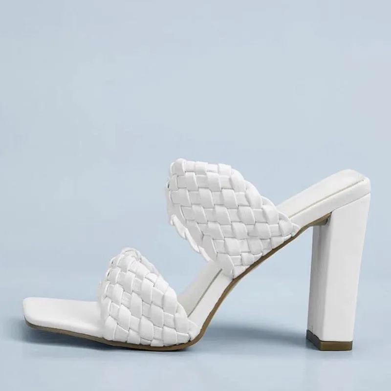Creamtopmall Weave Thick High heels Slippers