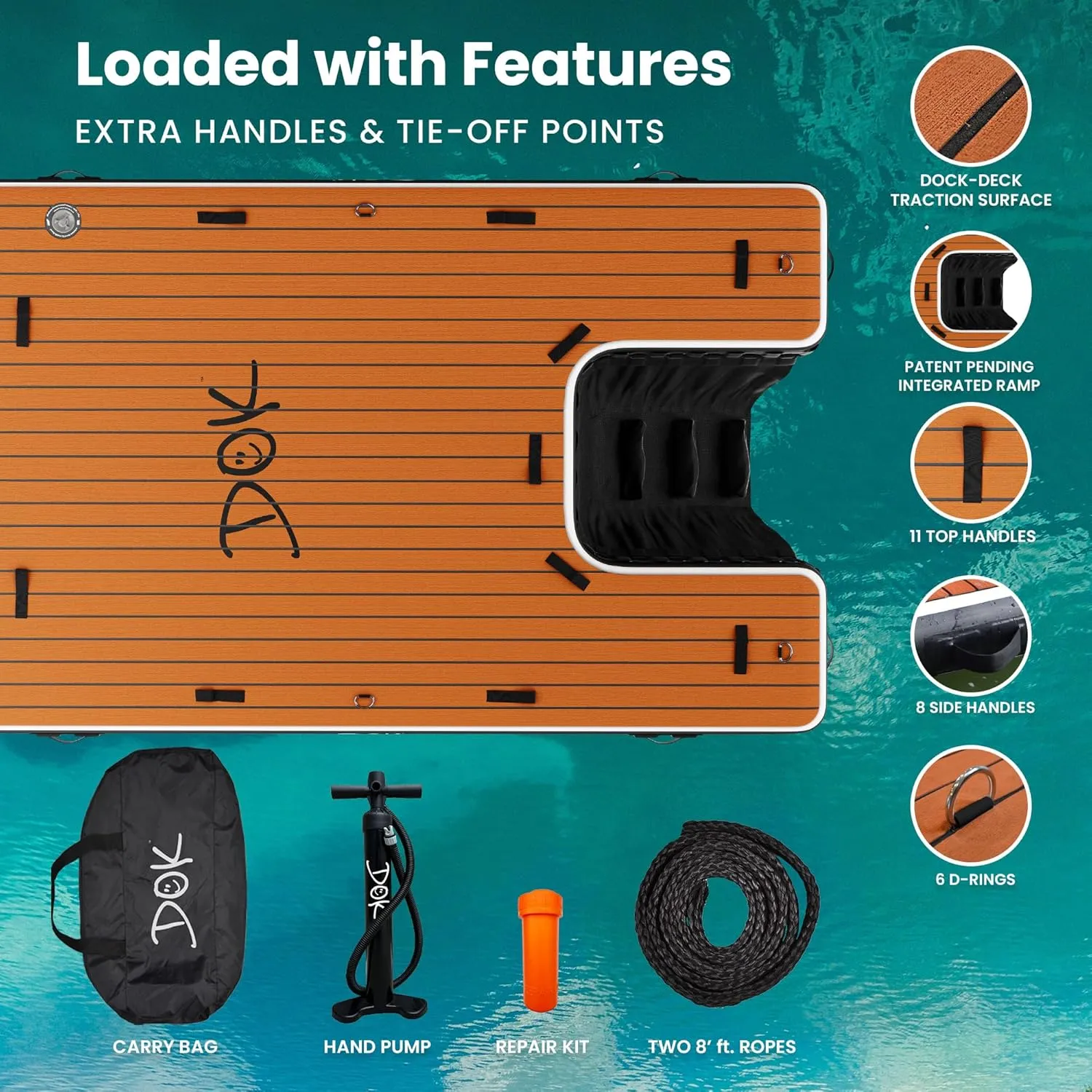 DOK Party-DOK Inflatable Dock Platform: Safe & Easy Water Access; Floating Non-Slip EVA Foam with Water Ramp for Pool, Dock, & Lake | Military Grade & High Visibility