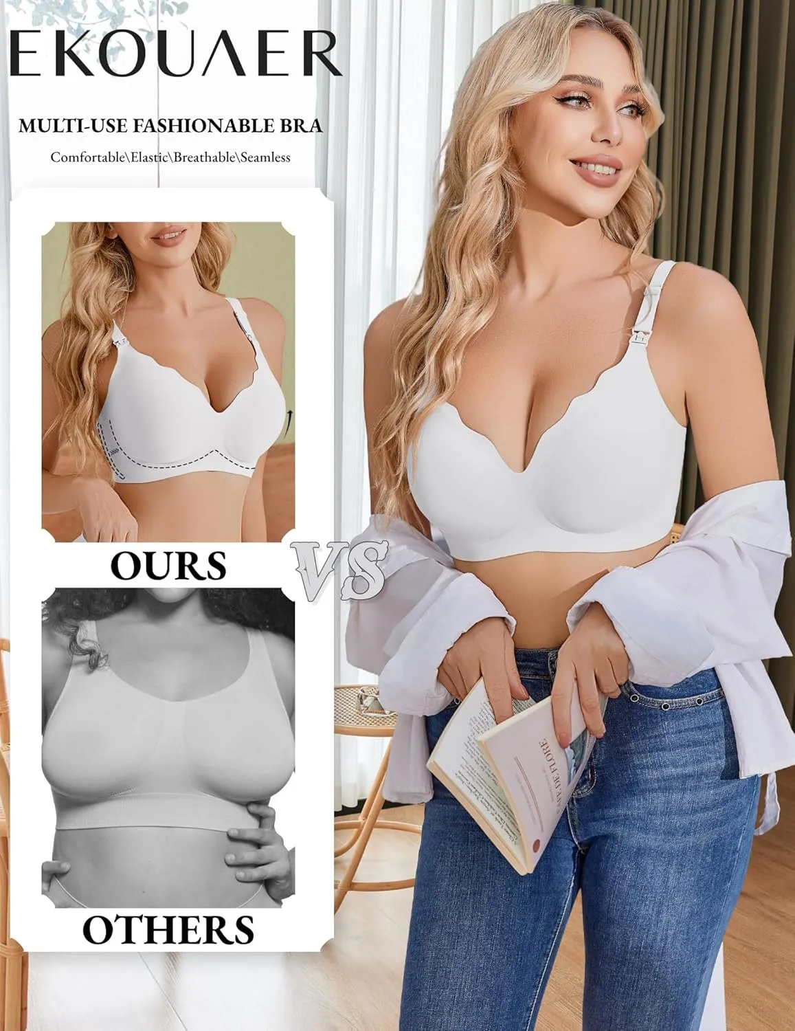 Ekouaer Nursing Bra Wavy Breastfeeding Bras for Women Seamless Maternity Support Wireless Pregnancy Sleep Bralette
