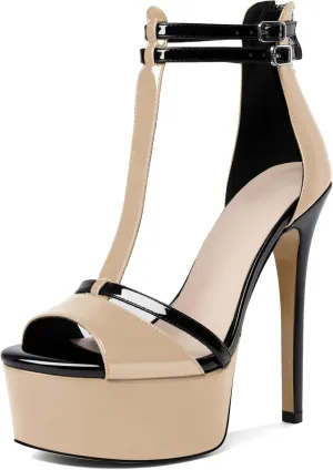 Esvowido Platform Heels for Women Open Toe T-Strappy Heeled Sandals Stiletto High Heels 5.5 Inch Double Ankle Strap Strappy Pump Shoes with Back Zipper Black US Size 10