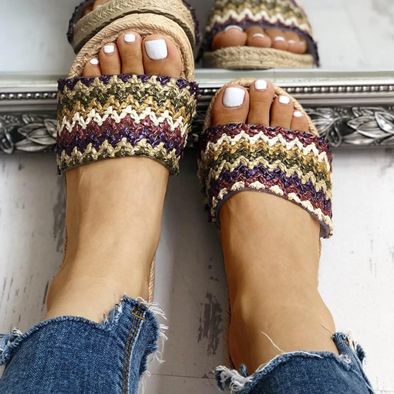 Fashion Slides Slippers for Summer Women Slippers Summer New Pattern Lmitation Grass Weaving Fashion Retro Flat Bottom
