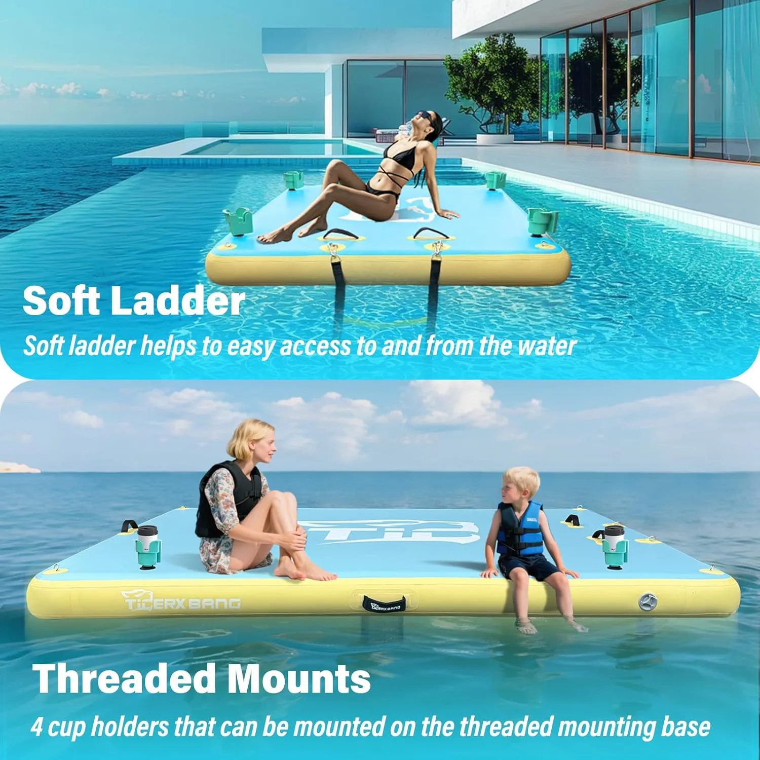 Floating Dock Swim Air Platform Multi-People Inflatable Floating Island for Lake Pond Pool Beach Ocean, 6ft/8ft