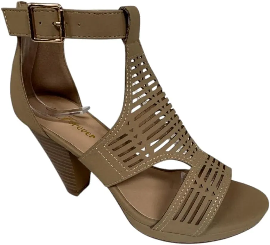 Forever Link Women Peep Toe Cutout Block Heel Sandal, Black Nub