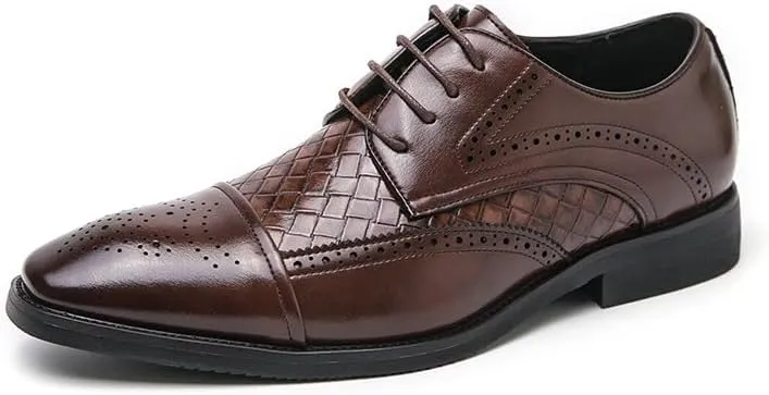 Formal Dress Shoes for Men Lace Up Square Toe Faux Leather Cap Toe Plaid Derby Shoes Anti-Slip Rubber Sole Block Heel Classic