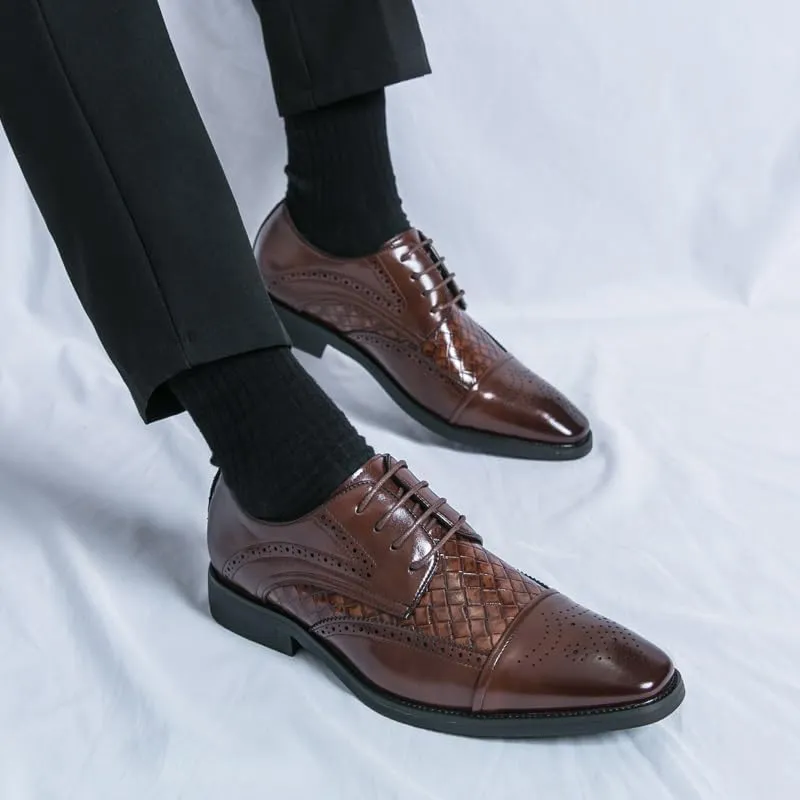 Formal Dress Shoes for Men Lace Up Square Toe Faux Leather Cap Toe Plaid Derby Shoes Anti-Slip Rubber Sole Block Heel Classic
