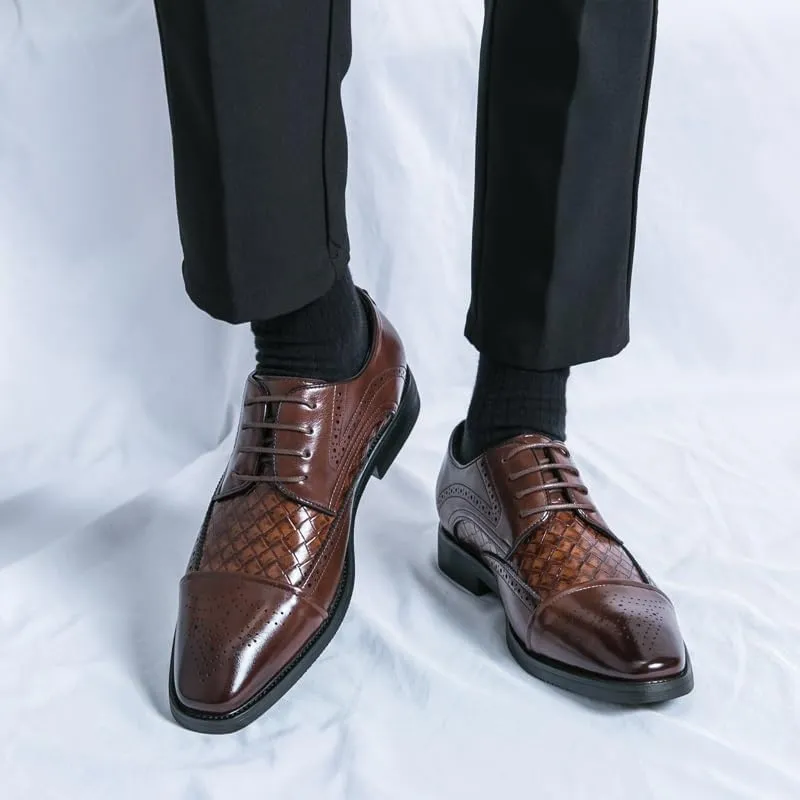 Formal Dress Shoes for Men Lace Up Square Toe Faux Leather Cap Toe Plaid Derby Shoes Anti-Slip Rubber Sole Block Heel Classic