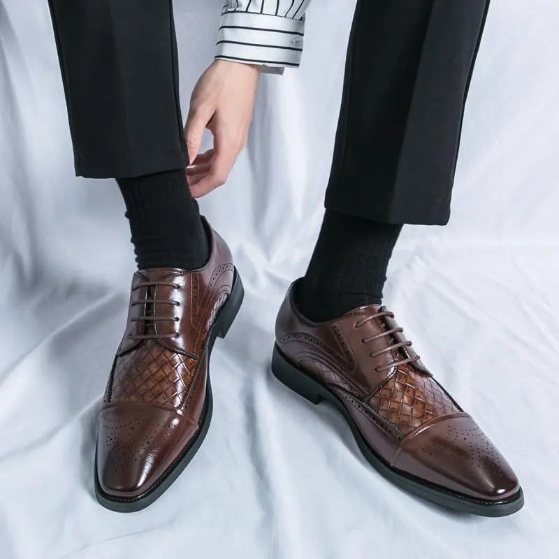 Formal Dress Shoes for Men Lace Up Square Toe Faux Leather Cap Toe Plaid Derby Shoes Anti-Slip Rubber Sole Block Heel Classic
