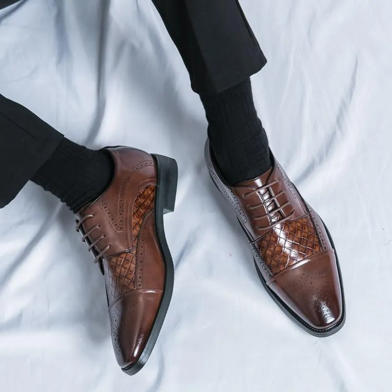 Formal Dress Shoes for Men Lace Up Square Toe Faux Leather Cap Toe Plaid Derby Shoes Anti-Slip Rubber Sole Block Heel Classic