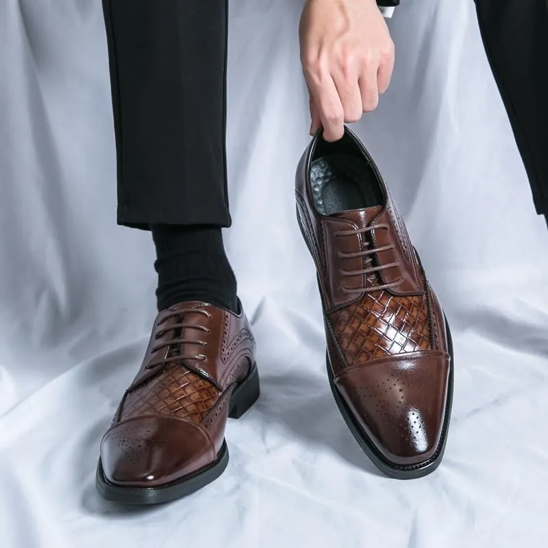 Formal Dress Shoes for Men Lace Up Square Toe Faux Leather Cap Toe Plaid Derby Shoes Anti-Slip Rubber Sole Block Heel Classic